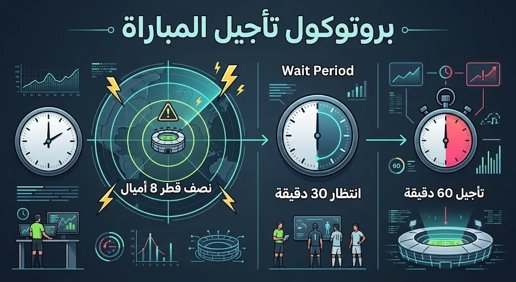 إنفوجرافيك يوضح تفاصيل تأجيل مباراة المكسيك وإنجلترا وبروتوكول الفيفا للسلامة، متضمناً قاعدة الانتظار ونطاق البرق المحتمل.
