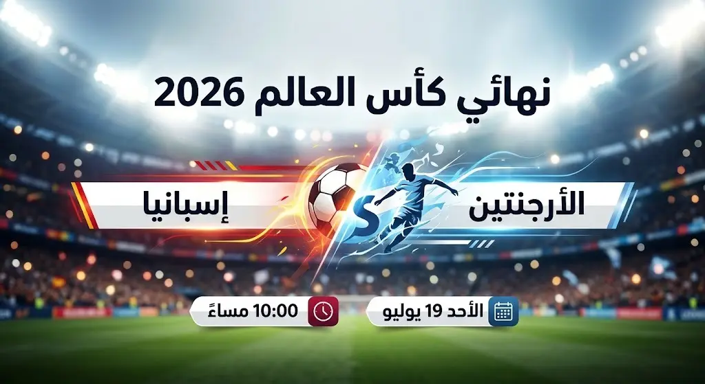 إنفوجرافيك احترافي يوضح تفاصيل موعد وتوقيت مباراة نهائي كأس العالم 2026 بين منتخبي إسبانيا والأرجنتين.