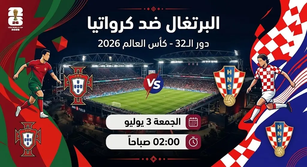 بطاقة معلومات تصميمية جذابة توضح تفاصيل موعد وملعب مباراة البرتغال وكرواتيا في دور الـ32 من كأس العالم 2026