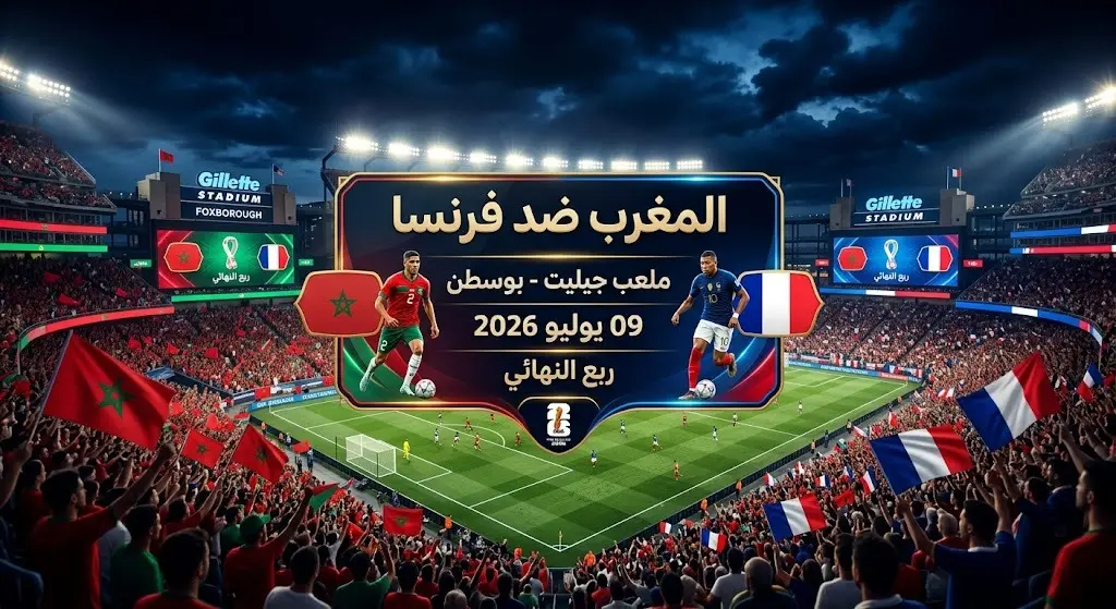 بطاقة معلومات بصرية تعرض تفاصيل موعد ومكان مباراة المغرب وفرنسا في ربع نهائي المونديال، مع إبراز تاريخ اللقاء واسم ملعب جيليت في بوسطن.
