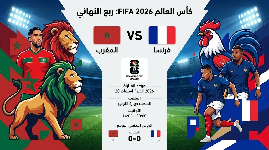 بطاقة معلومات توضح موعد وتفاصيل مباراة المغرب وفرنسا في ربع نهائي كأس العالم 2026 بملعب جيليت