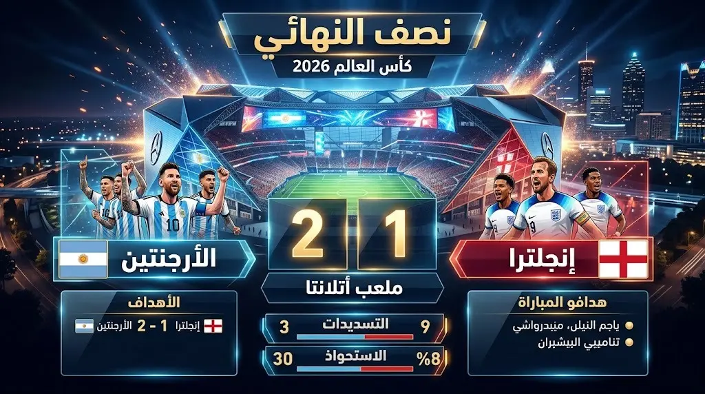بطاقة معلومات رياضية تعرض نتيجة مباراة نصف نهائي كأس العالم 2026 بفوز الأرجنتين على إنجلترا في ملعب أتلانتا.