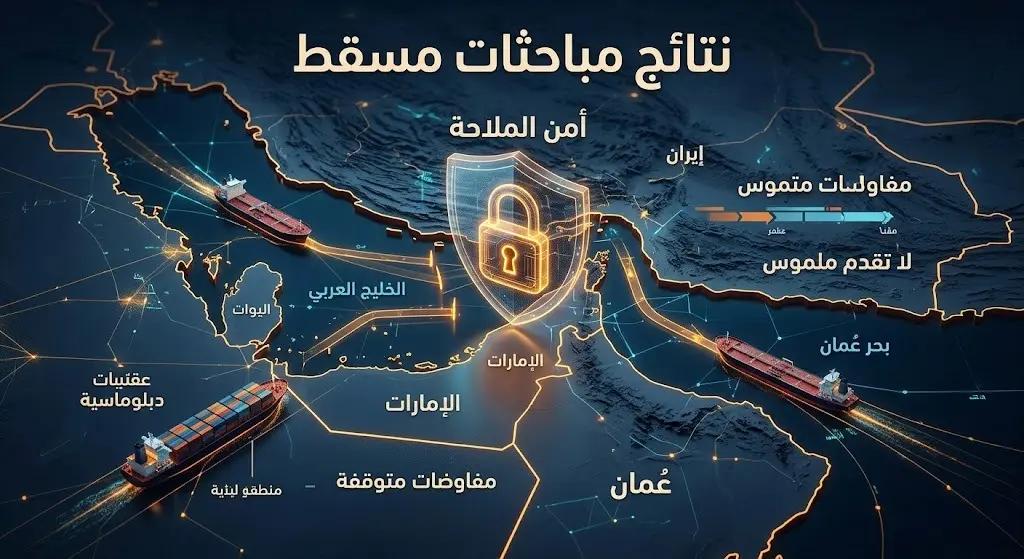 إنفوجرافيك يوضح نتائج مباحثات مسقط بشأن أمن الملاحة في مضيق هرمز والتحديات القائمة