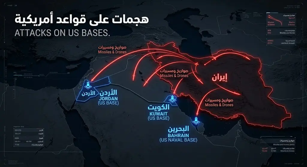 خريطة معلوماتية توضح مسارات هجمات الحرس الثوري الإيراني بالصواريخ والطائرات المسيرة على القواعد الأمريكية في الأردن والبحرين والكويت.