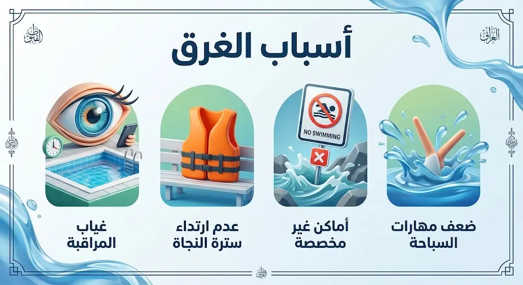 إنفوجرافيك يوضح الأسباب الأربعة الرئيسية لحوادث الغرق وهي غياب المراقبة، عدم ارتداء سترة النجاة، السباحة في أماكن غير مخصصة، وضعف مهارات السباحة.