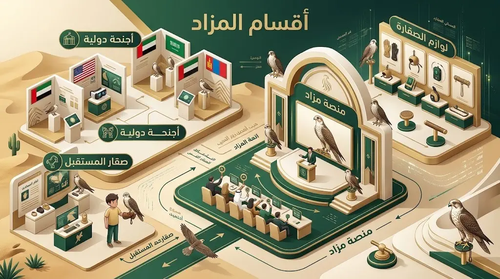تصميم إنفوجرافيك يستعرض الأقسام المتنوعة للمزاد الدولي للصقور، بما في ذلك الأجنحة الدولية والمحلية وجناح صقار المستقبل ومنصة المزاد المباشرة.