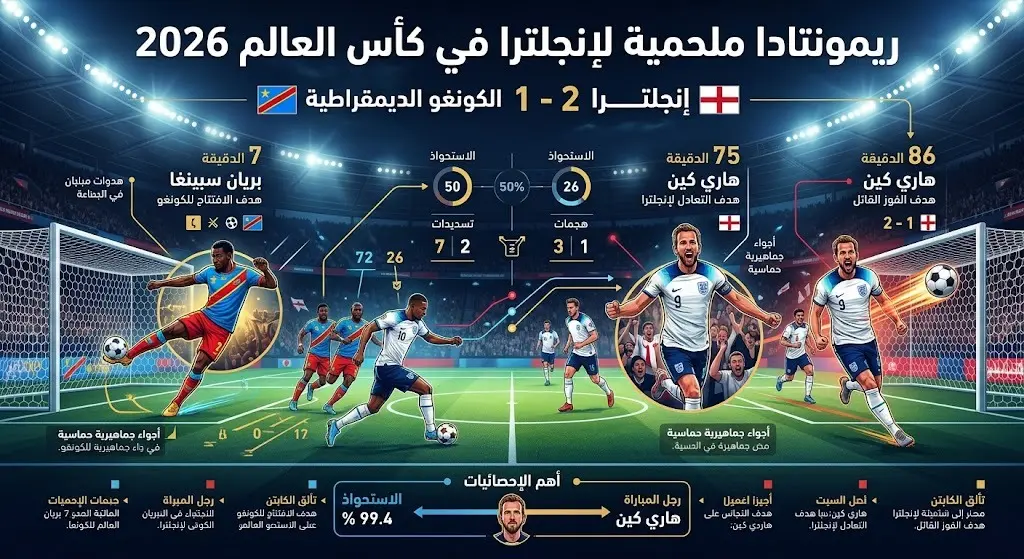 إنفوجرافيك يوضح نتيجة مباراة إنجلترا والكونغو الديمقراطية 2-1 وأوقات تسجيل الأهداف لهاري كين وبريان سبينغا