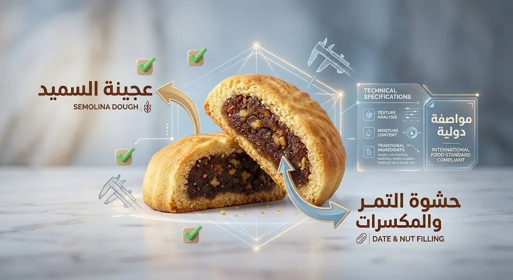 تصميم ثلاثي الأبعاد يوضح مكونات المعمول من الدقيق والسميد وحشوة التمر والمكسرات مع مؤشرات بصرية تعكس دقة المعايير الفنية واشتراطات الجودة الدولية.