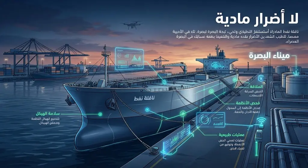 رسم توضيحي ثلاثي الأبعاد لناقلة نفط في ميناء البصرة يبرز سلامة هيكلها وعدم تعرضها لأي أضرار أو حرائق