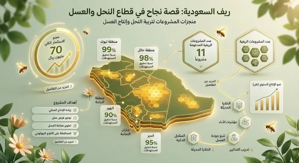 إنفوجرافيك تفاعلي حديث يوضح إحصائيات وميزانيات مشاريع قطاع النحل المنجزة، مبرزاً تكلفة المشاريع ونسب الإنجاز في مناطق المملكة المختلفة بتصميم جذاب يدمج بين خلايا النحل والبيانات المعروضة.