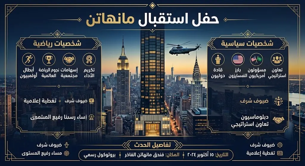 تصميم إنفوجرافيك يوضح تفاصيل حفل الاستقبال في برج ترامب بمانهاتن ومشاركة شخصيات سياسية ورياضية.