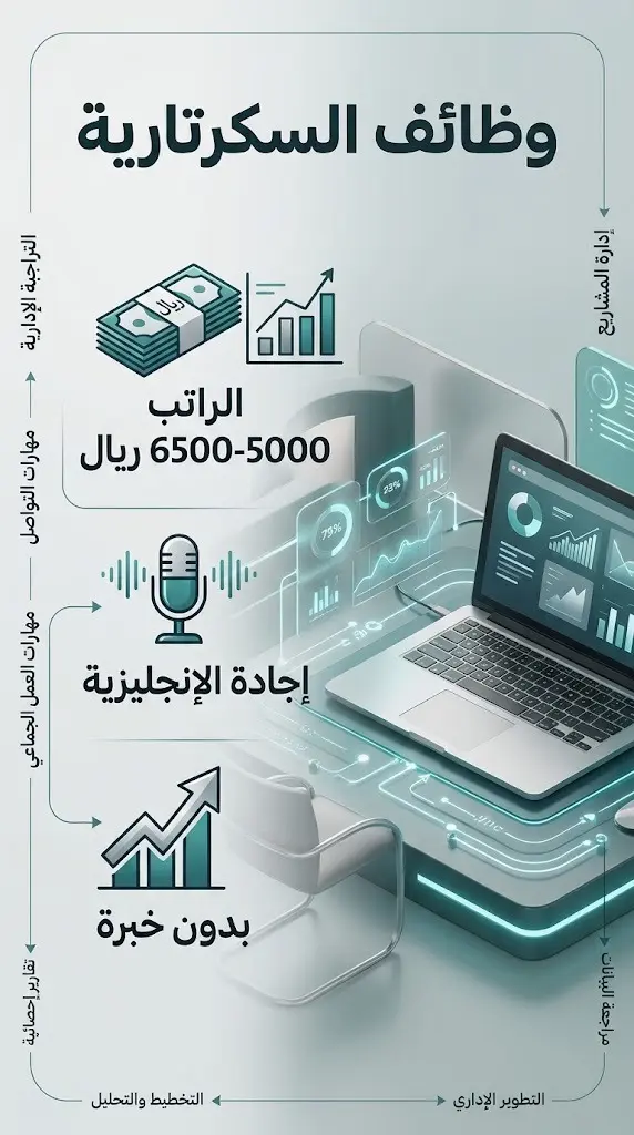 تصميم معلوماتي يستعرض تفاصيل وظائف السكرتارية، مبرزاً الرواتب واشتراط إجادة اللغة الإنجليزية دون الحاجة لخبرة سابقة.