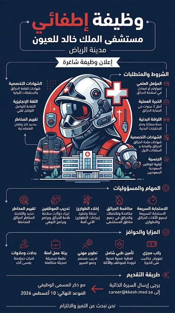 إنفوجرافيك احترافي يلخص تفاصيل وظيفة إطفائي في مستشفى الملك خالد التخصصي للعيون بمدينة الرياض.