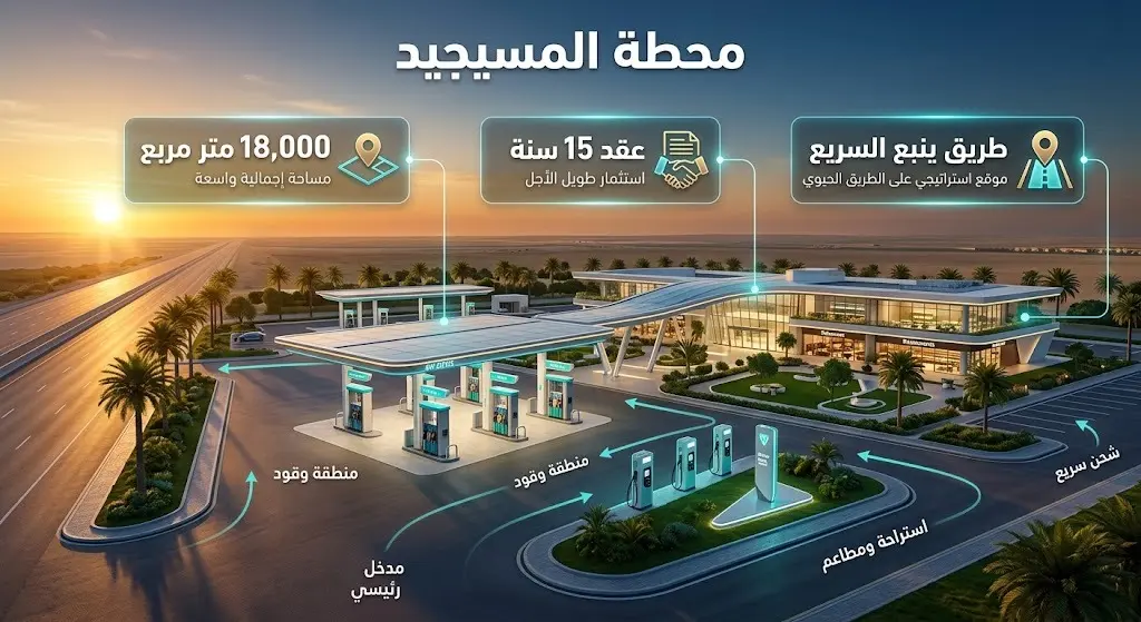إنفوجرافيك احترافي يعرض تصميمًا تخيليًا لمحطة وقود حديثة على طريق ينبع السريع، مع بيانات توضح مساحة المشروع 18 ألف متر مربع ومدة العقد 15 سنة.