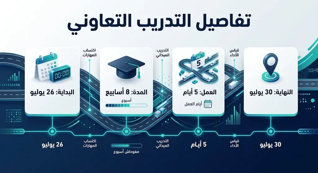 تصميم إنفوجرافيك احترافي يعرض تفاصيل ومواعيد برنامج التدريب التعاوني، متضمناً تواريخ بداية ونهاية التسجيل، ومدة التدريب وأيام العمل الأسبوعية.