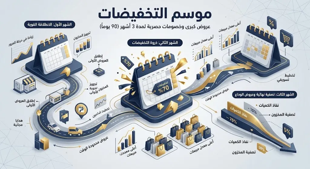 إنفوجرافيك يوضح تفاصيل ومواعيد موسم التخفيضات التجاري من 1 أغسطس حتى 31 أكتوبر ومقارنته بالحدود السنوية
