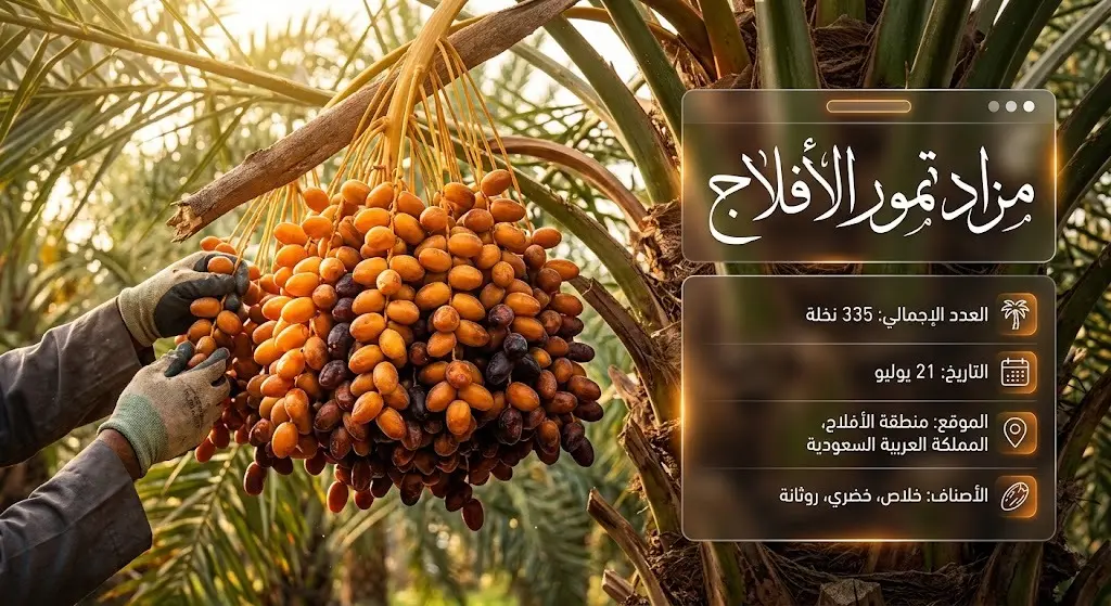 إنفوجرافيك بصري يستعرض تفاصيل مزاد تمور الأفلاج، موضحاً الموعد في 21 يوليو وعدد النخيل البالغ 335 نخلة.