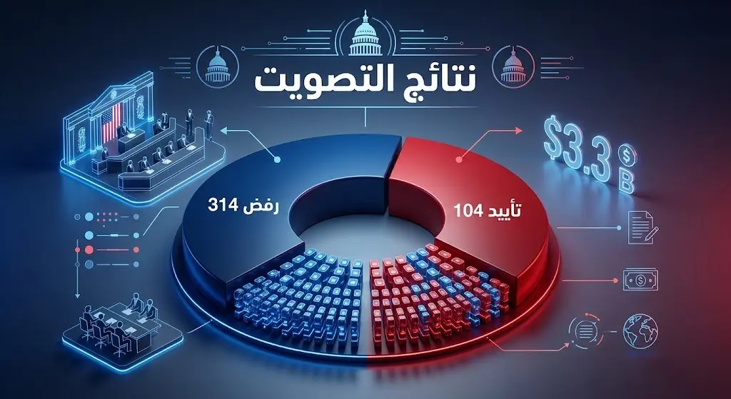 إنفوجرافيك بياني يوضح نتائج تصويت مجلس النواب الأمريكي برفض مقترح وقف المساعدات، مع إبراز الأرقام 314 للرفض و104 للتأييد.