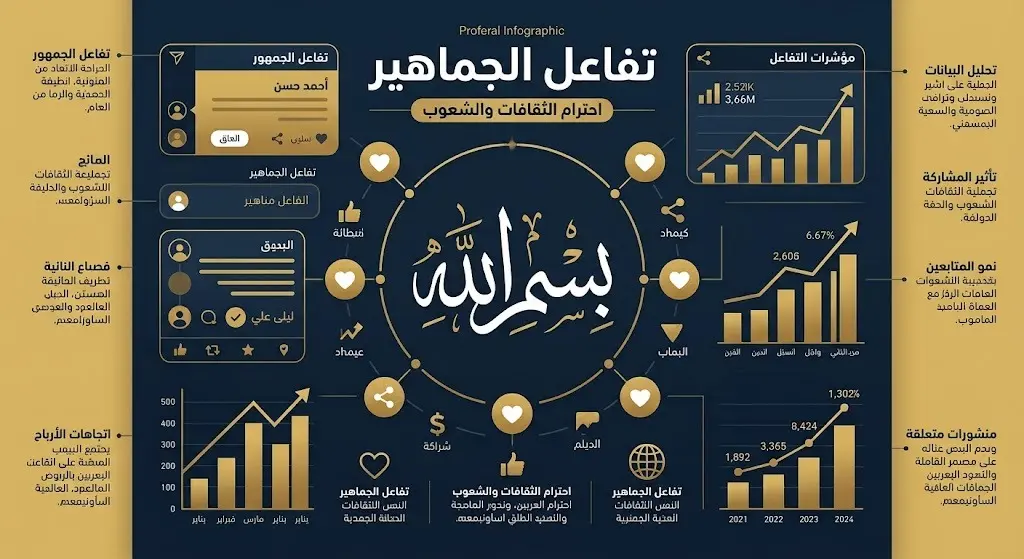 إنفوجرافيك احترافي يوضح التفاعل الجماهيري الواسع على منصات التواصل الاجتماعي مع لقطة نطق رونالدو بعبارة بسم الله.
