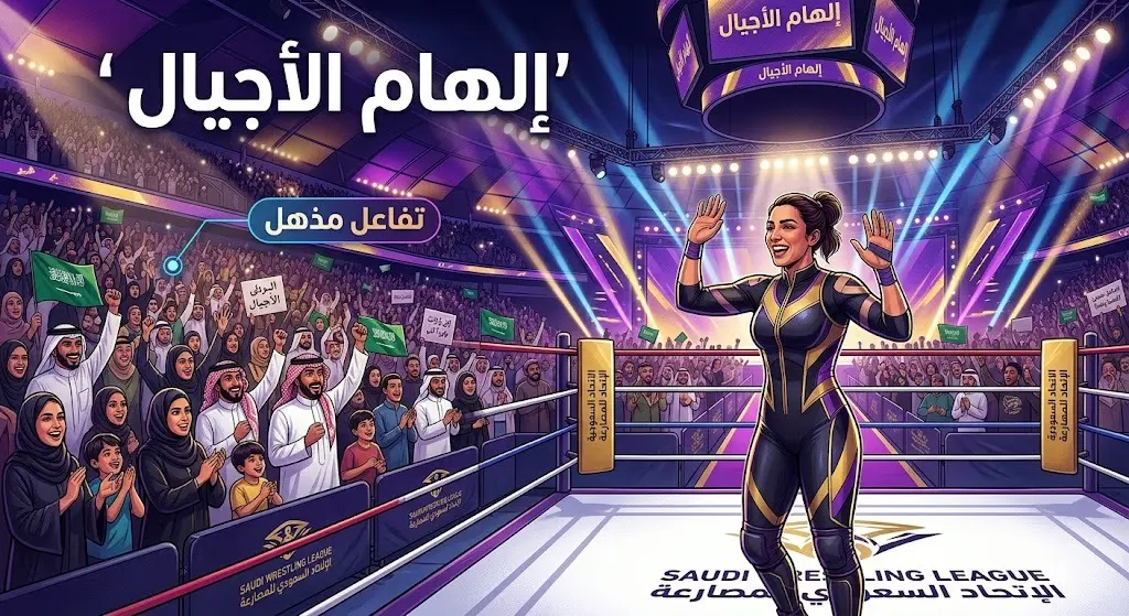 تصوير فني يعكس تفاعل العائلات والجماهير السعودية بحماس مع نجمات المصارعة داخل الحلبة كنموذج ملهم للأجيال.