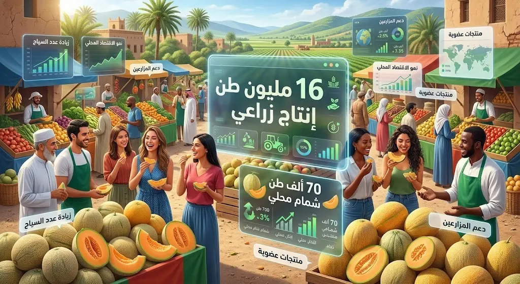 تصميم مرئي يدمج مشهد تفاعل الزوار في الأسواق الريفية مع إحصائيات بارزة حول وفرة الإنتاج الزراعي المحلي.