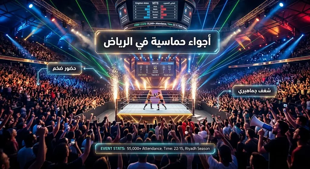 تصميم إبداعي يدمج بين مشهد حماسي لحلبة المصارعة في كينجدوم أرينا وإنفوجرافيك يبرز شغف الحضور الجماهيري الضخم.