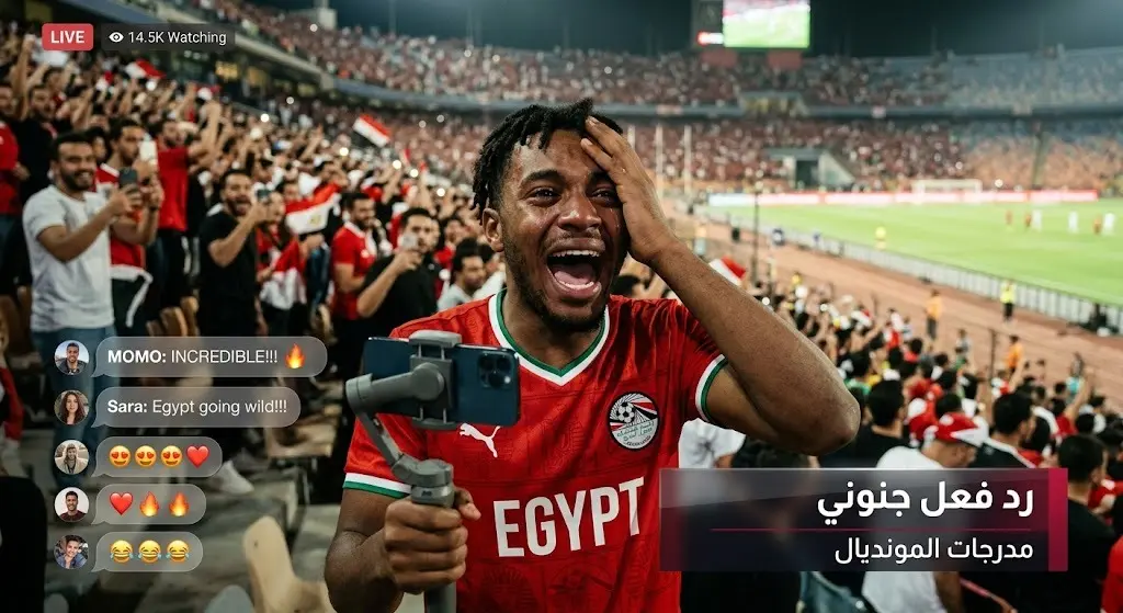 اليوتيوبر سبيد في مدرجات كأس العالم مرتدياً قميص منتخب مصر وتظهر عليه ملامح الذهول والفرحة الطاغية.