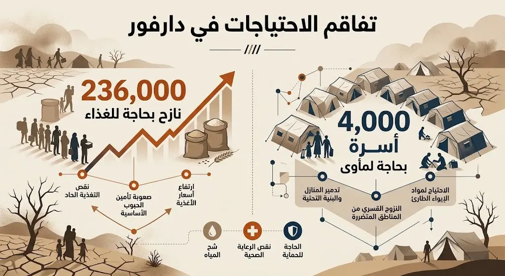 إنفوجرافيك يوضح إحصائيات النازحين في دارفور وحاجتهم الماسة للغذاء والمأوى الطارئ