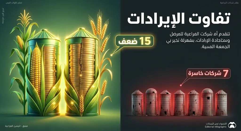 إنفوجرافيك مالي يقارن بوضوح بين الحجم الضخم لإيرادات شركتين زراعيتين مقابل ضآلة إيرادات وخسائر 7 شركات أخرى.
