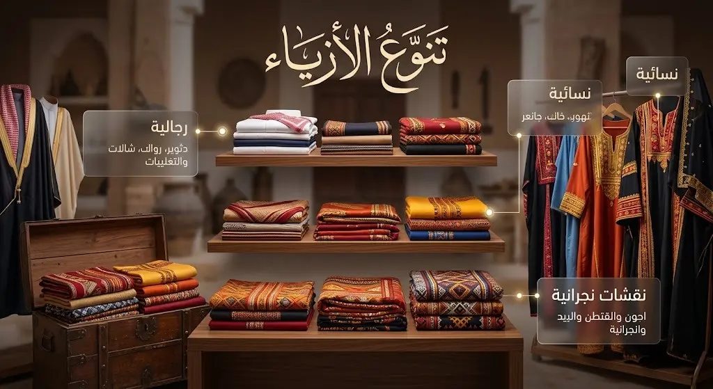 تصميم بصري يستعرض تنوع الأقمشة والنقشات التراثية النجرانية المستخدمة في تفصيل ملابس الرجال والنساء لمختلف المناسبات.