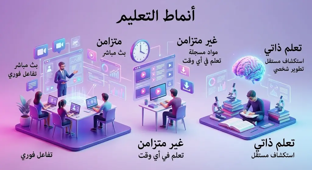 تصميم بصري يوضح أنماط التعليم الإلكتروني المتزامن وغير المتزامن وآليات التعلم الذاتي.