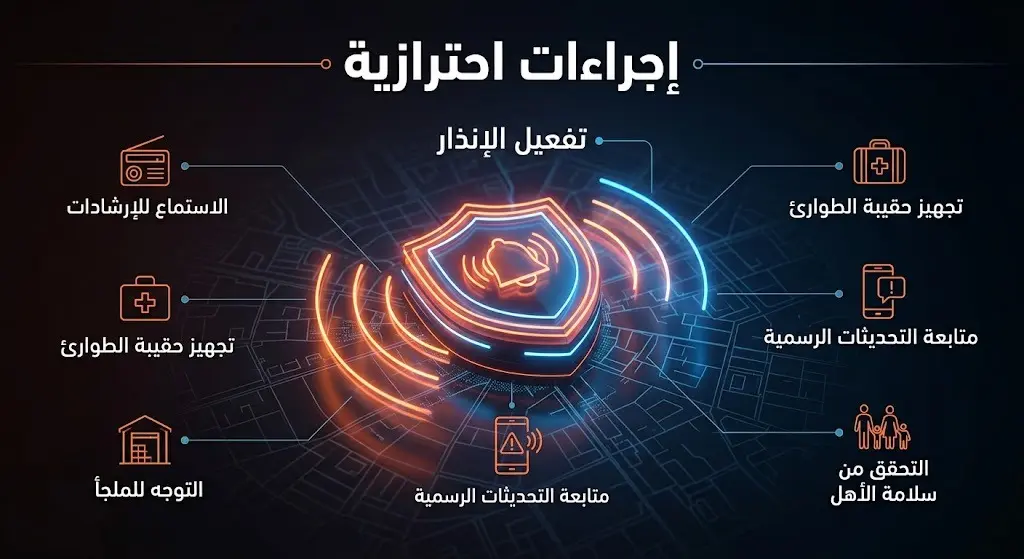 تصميم ثلاثي الأبعاد يعبر عن تفعيل صفارات الإنذار والإجراءات الاحترازية للحفاظ على الأرواح.