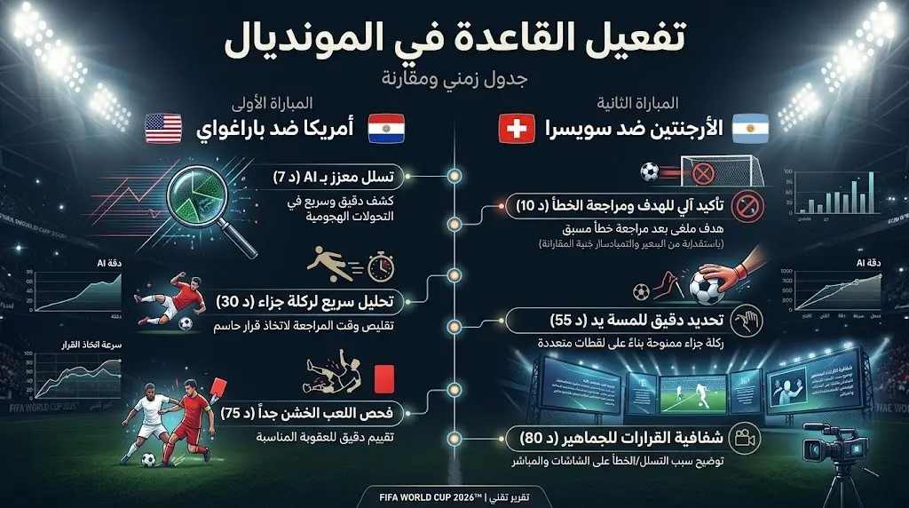 تصميم بصري يستعرض المباريات التي شهدت تفعيل قانون تحديد الهوية الخاطئة لأول مرة في كأس العالم الحالي.