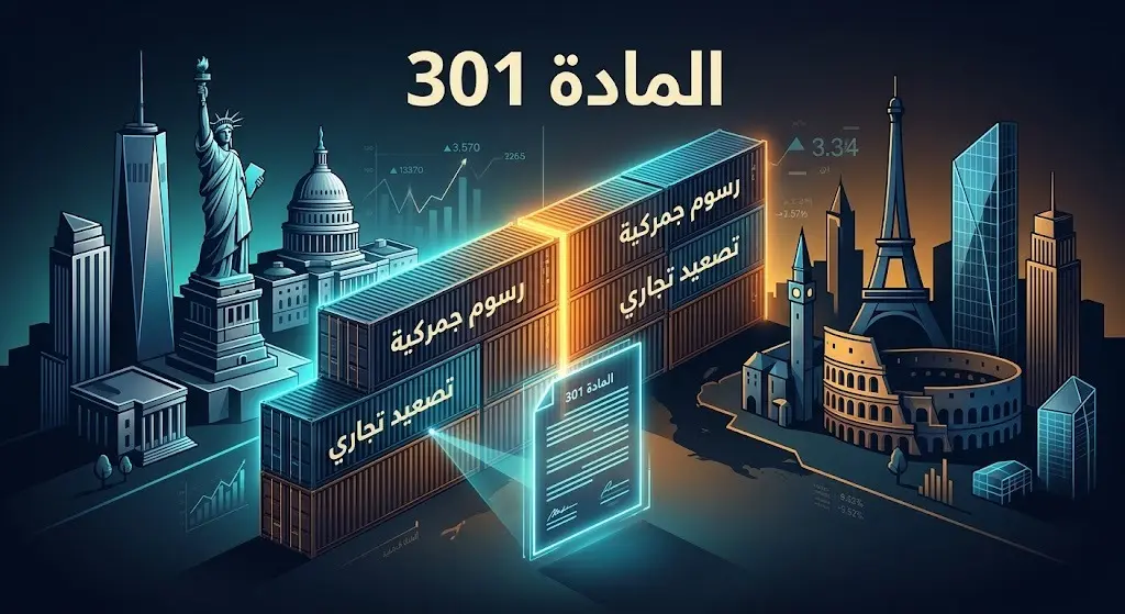 رسم تعبيري يجسد تصاعد التوترات التجارية والتلويح بفرض رسوم جمركية قاسية وتفعيل المادة 301 بين واشنطن وبروكسل.