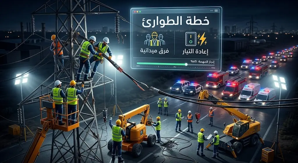 مشهد ليلي لفرق الطوارئ الهندسية والأمنية تعمل تحت الإضاءة الكاشفة على إصلاح أعطال شبكة الكهرباء وإعادة التيار.
