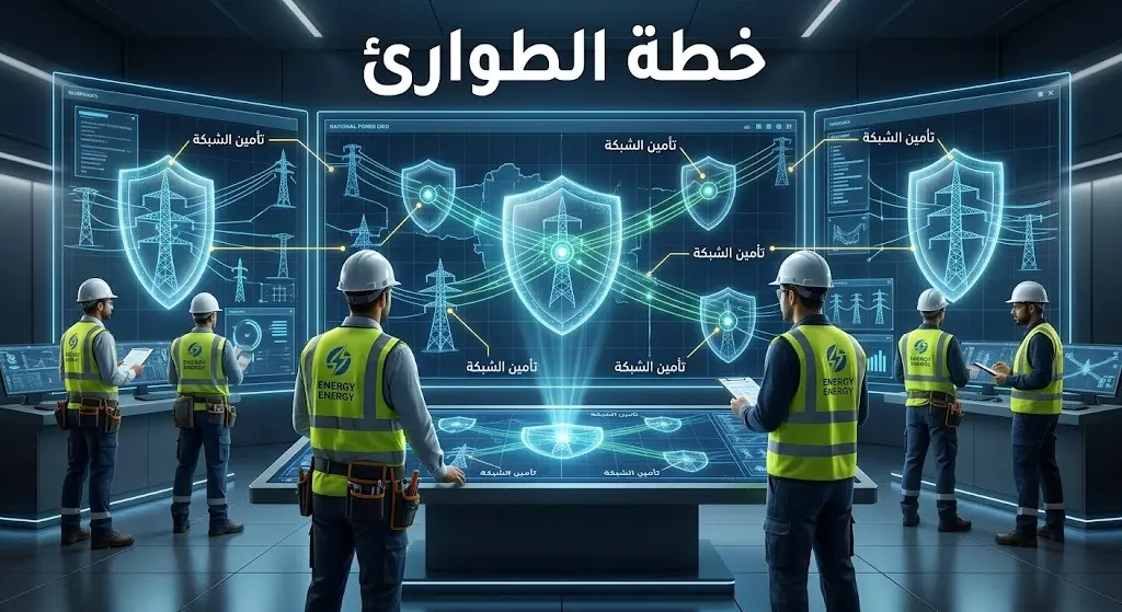 تصميم إنفوجرافيك يوضح تفعيل خطط الطوارئ لتأمين شبكة الكهرباء والمياه في الكويت واستعادة كفاءتها.