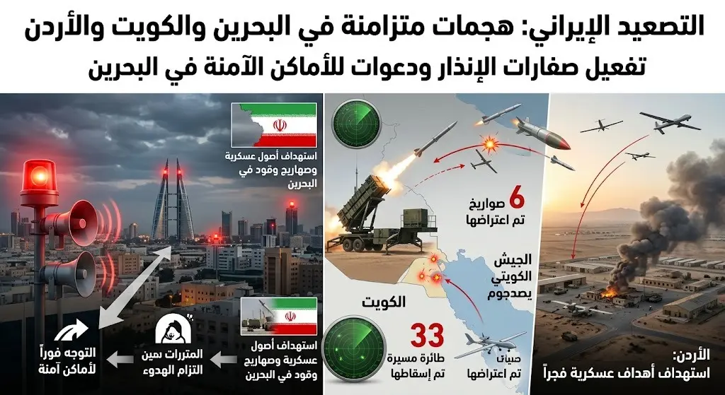 تفعيل صفارات الإنذار في البحرين ودعوات للتوجه لأماكن آمنة إثر هجمات إيرانية طالت الكويت والأردن
