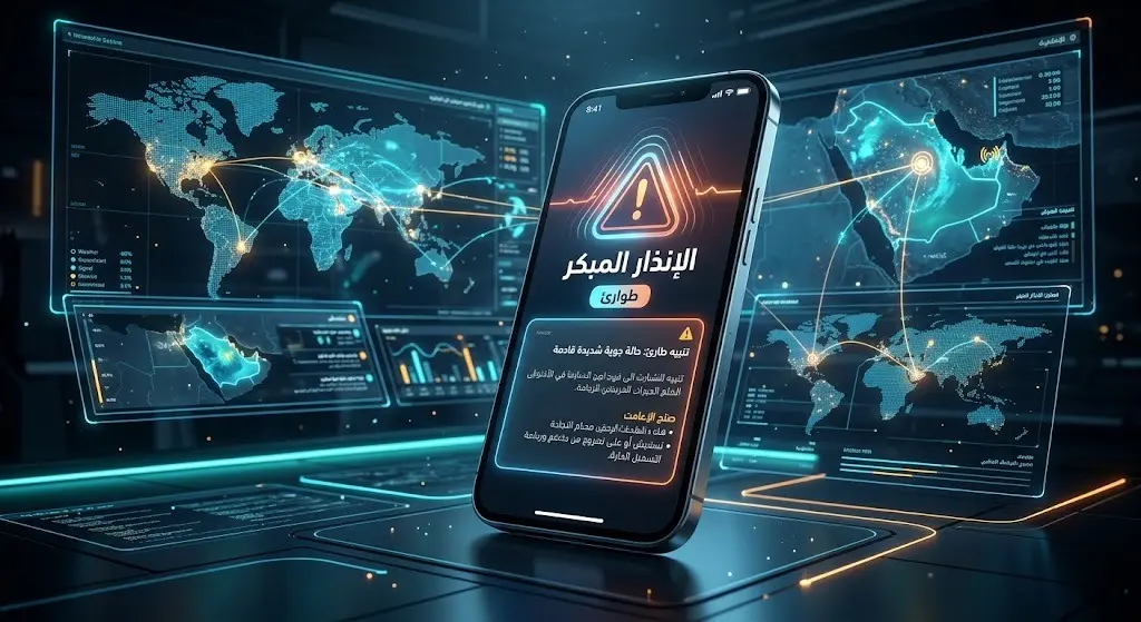 تصميم فني يبرز تفعيل المنصة الوطنية للإنذار المبكر عبر الهواتف الذكية مع إضاءة تحذيرية وخلفية تقنية.