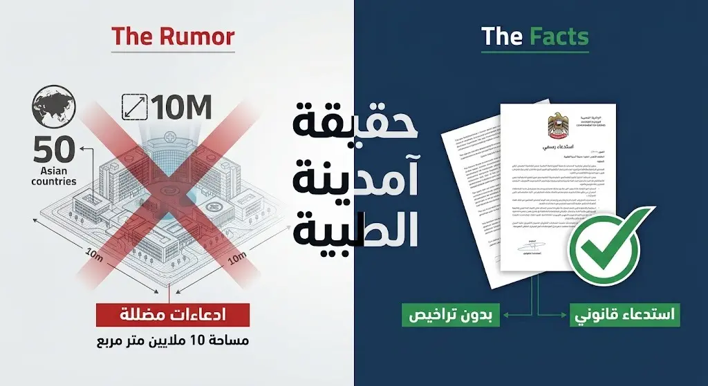 إنفوجرافيك يقارن بين الادعاءات المضللة حول مشروع مدينة آسيا الطبية والحقائق الرسمية التي تؤكد عدم وجود تراخيص.