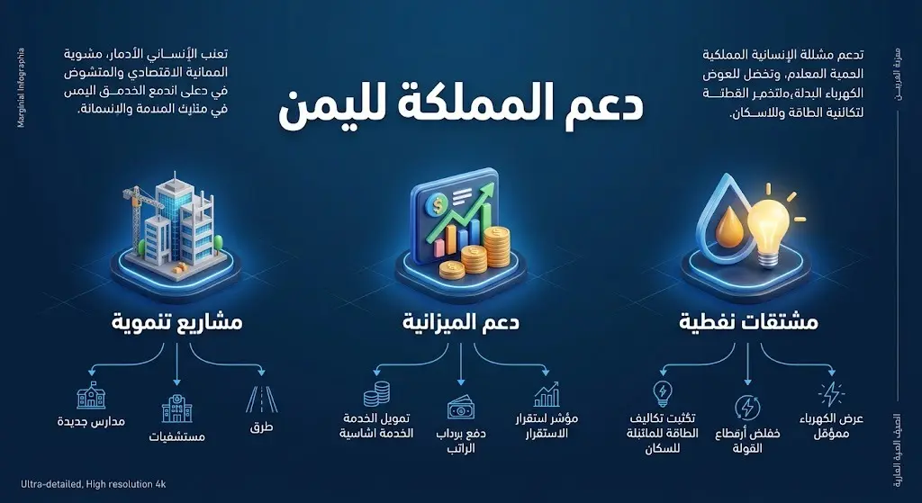 إنفوجرافيك يوضح مسارات الدعم السعودي المستمر لليمن، متضمناً المشاريع التنموية، دعم الميزانية، وتوفير المشتقات النفطية.