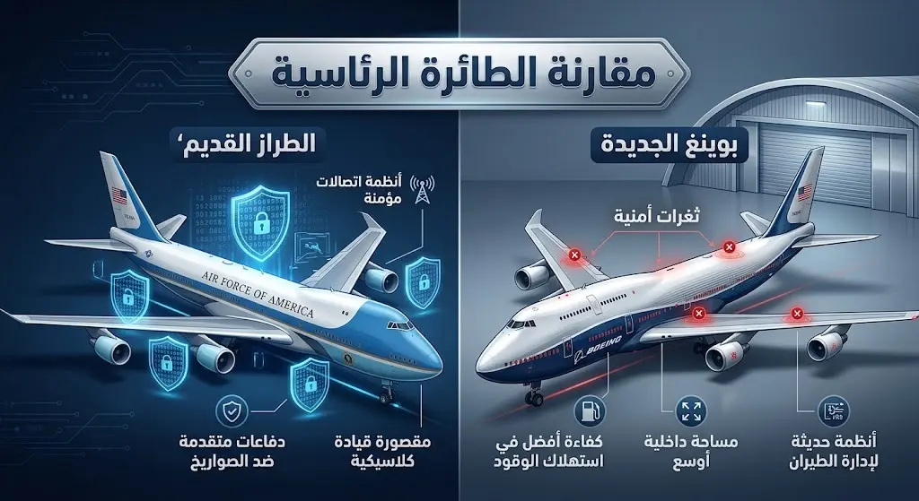 إنفوجرافيك مقارنة يوضح الثغرات الأمنية في طائرة الرئاسة الجديدة مقارنة بالطراز القديم