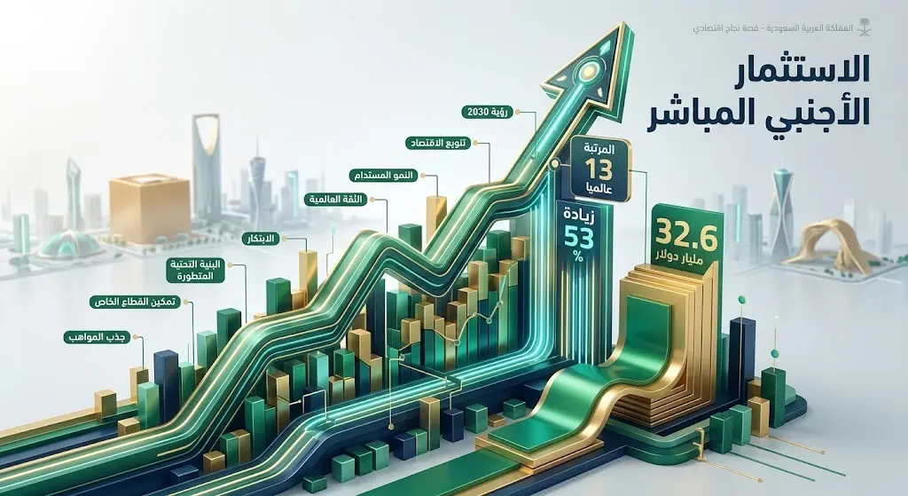 إنفوجرافيك اقتصادي عصري يبرز بالأرقام والرسوم البيانية تقدم السعودية للمرتبة 13 عالمياً في الاستثمار الأجنبي لعام 2025 بإجمالي 32.6 مليار دولار.