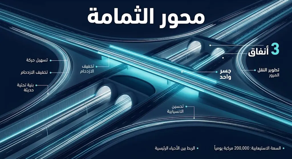 تصميم ثلاثي الأبعاد وإنفوجرافيك يوضح تقدم الأعمال الإنشائية في ثلاثة أنفاق وجسر جديد ضمن مشروع تطوير محور طريق الثمامة.