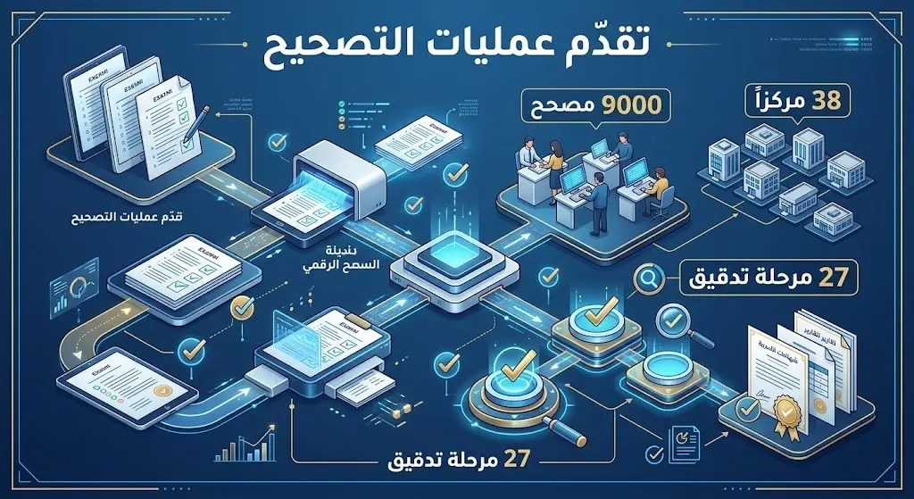 إنفوجرافيك يوضح إحصائيات عمليات تصحيح وتدقيق امتحانات التوجيهي والمراحل التي تمر بها.