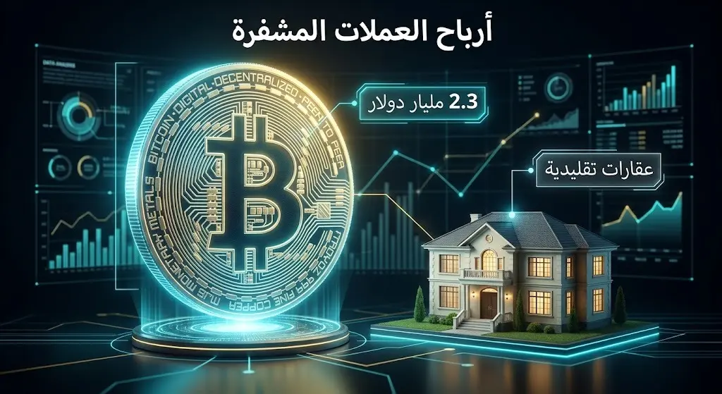 تصميم بصري إبداعي يقارن بين الأرباح الإجمالية الضخمة للعملات المشفرة التي بلغت 2.3 مليار دولار وبين العوائد الأقل للعقارات التقليدية.