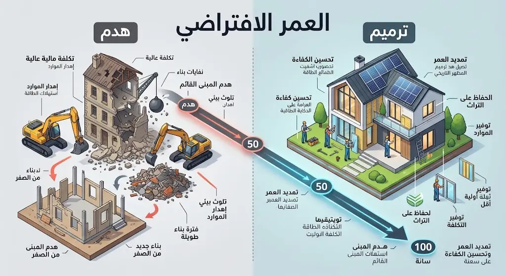 إنفوجرافيك يوضح مقارنة بين تكاليف ترميم المباني وإعادة بنائها، مع إبراز العمر الافتراضي من 50 إلى 100 عام وفق الكود السعودي.