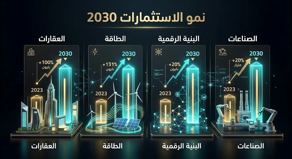 رسم بياني متطور يقارن بين حجم الاستثمارات في عام 2023 والنمو المحتمل حتى عام 2030 في عدة قطاعات حيوية.