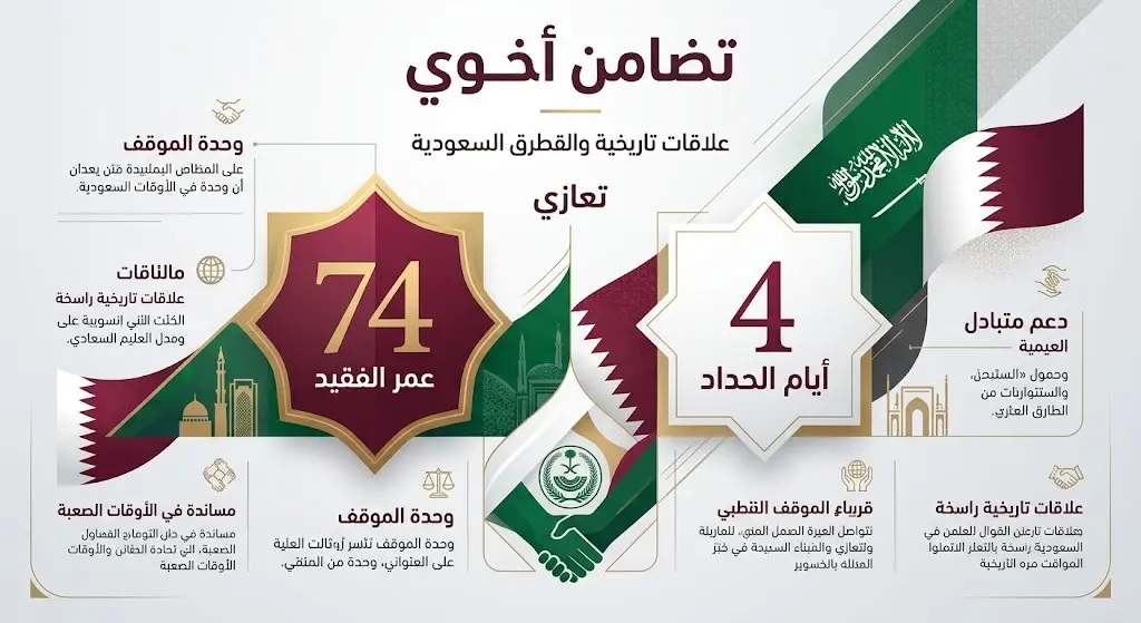 إنفوجرافيك احترافي يبرز تفاصيل الحداد العام في قطر والتضامن السعودي إثر وفاة الشيخ حمد بن خليفة.