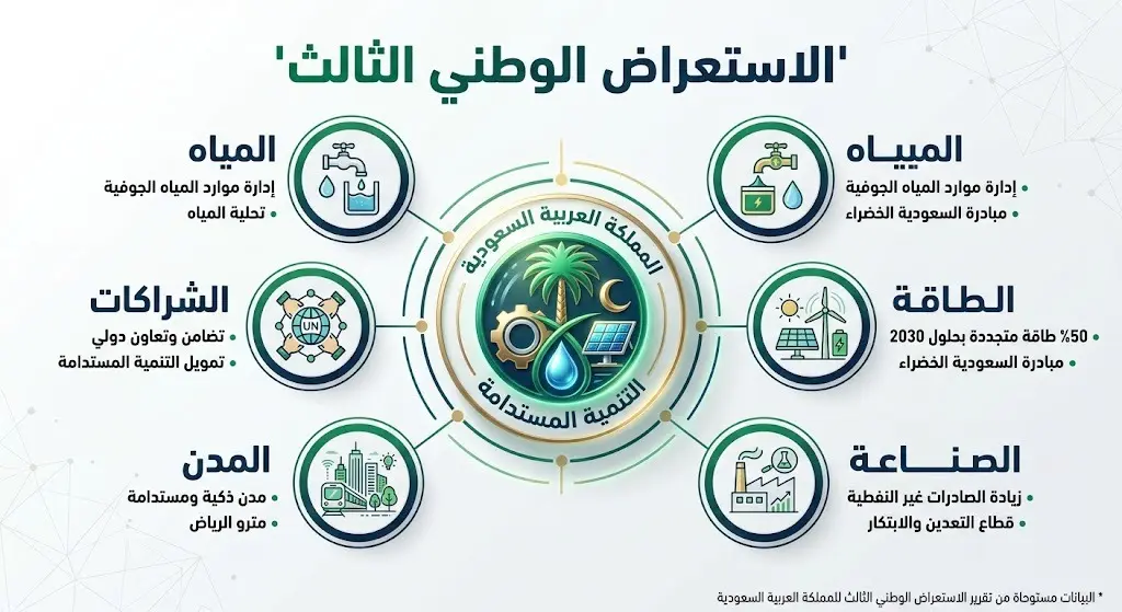إنفوجرافيك احترافي يستعرض أهداف التنمية المستدامة الخمسة التي ركز عليها تقرير الاستعراض الوطني الطوعي الثالث للمملكة.
