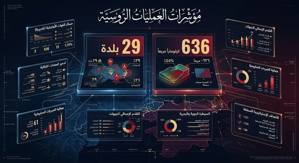 إنفوجرافيك يستعرض مؤشرات العمليات الروسية المُعلنة خلال شهر يونيو، متضمناً أرقام البلدات والمساحات التي تم الاستحواذ عليها.